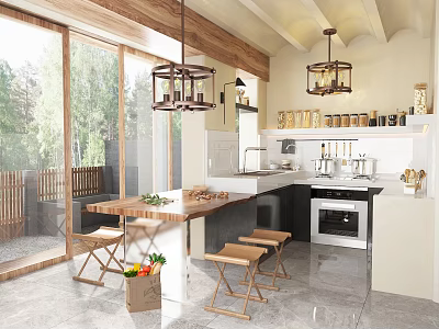 Elegant Open Kitchen With Wooden Dining Counter And Hanging Lanterns 3d model