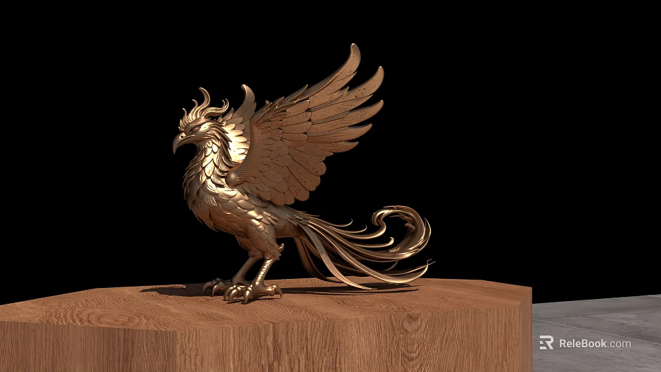 Elegant Golden Phoenix Landscape Sculpture with Intricate Feathers on Wooden Base 3d model 