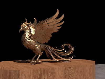 Elegant Golden Phoenix Landscape Sculpture with Intricate Feathers on Wooden Base 3d model