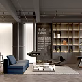 Modern Office Interior With Blue Sofa Coffee Table Display Wall And Decorative Paintings 3d model