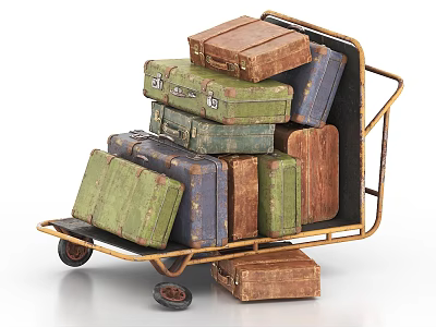 Old Fashioned Vintage Suitcases Stacked on Metal Cart with Various Colors 3d model