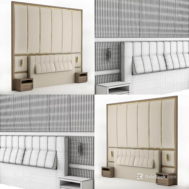 Elegant Upholstered Headboard Sofa Design With Beige Stripe Pattern Stitching Details And Wooden Frames 3d model 