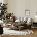 Wooden Double Bed with Striped Headboard Metal Legs Brown Blanket Green Pillows Nightstand and Rug