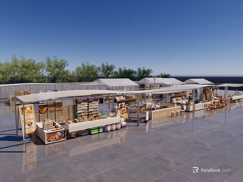 Outdoor Market Stalls With White Canopies Display Various Goods On Stone Pavement Under Blue Sky 3d model 
