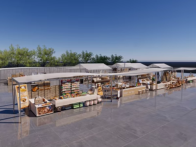 Outdoor Market Stalls With White Canopies Display Various Goods On Stone Pavement Under Blue Sky 3d model