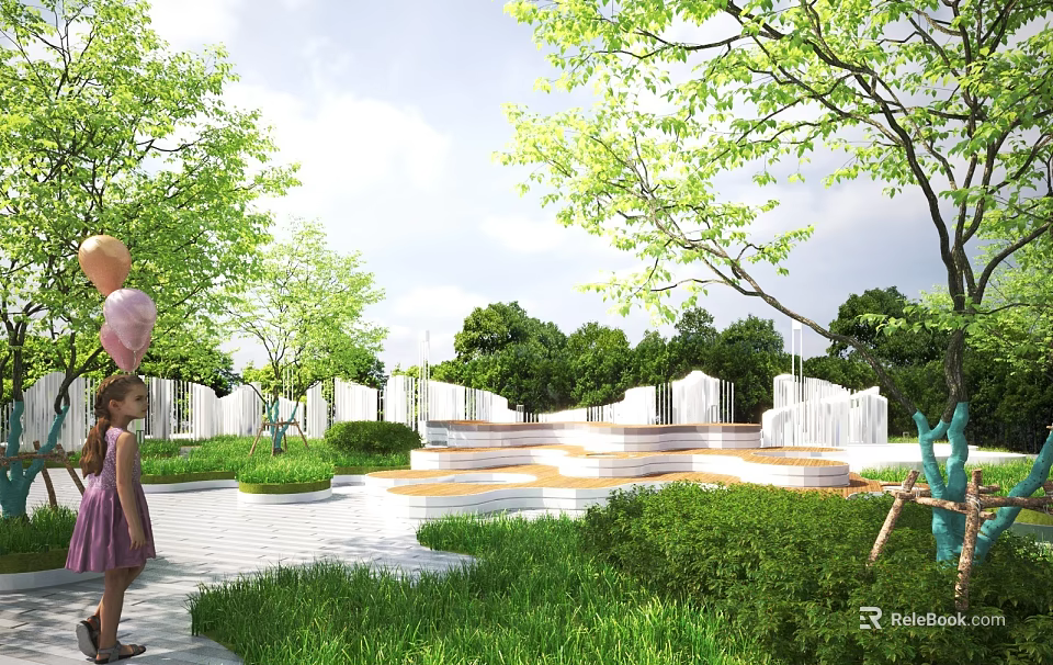 Scenic Park Landscape With Children Holding Balloons Lush Green Trees Fresh Lawns And Stepped Platforms 3d model 