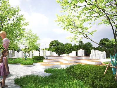 Scenic Park Landscape With Children Holding Balloons Lush Green Trees Fresh Lawns And Stepped Platforms 3d model