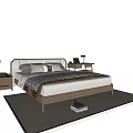 Modern Double Bed With Wooden Frame Comfortable Bedding Bedside Table Lamp And Rug 3d model