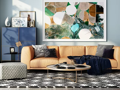 Beige Three Seater Fabric Sofa With Geometric Rug Round Coffee Table And Abstract Wall Art 3d model