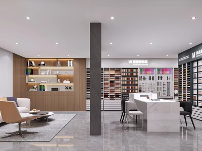 Specialty Store Interior Design With Display Shelves Sofa Tables And Ceiling Lights 3d model