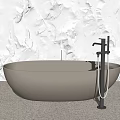 Modern Freestanding Neutral Beige Bathtub With Black Faucet And White Textured Stone Wall