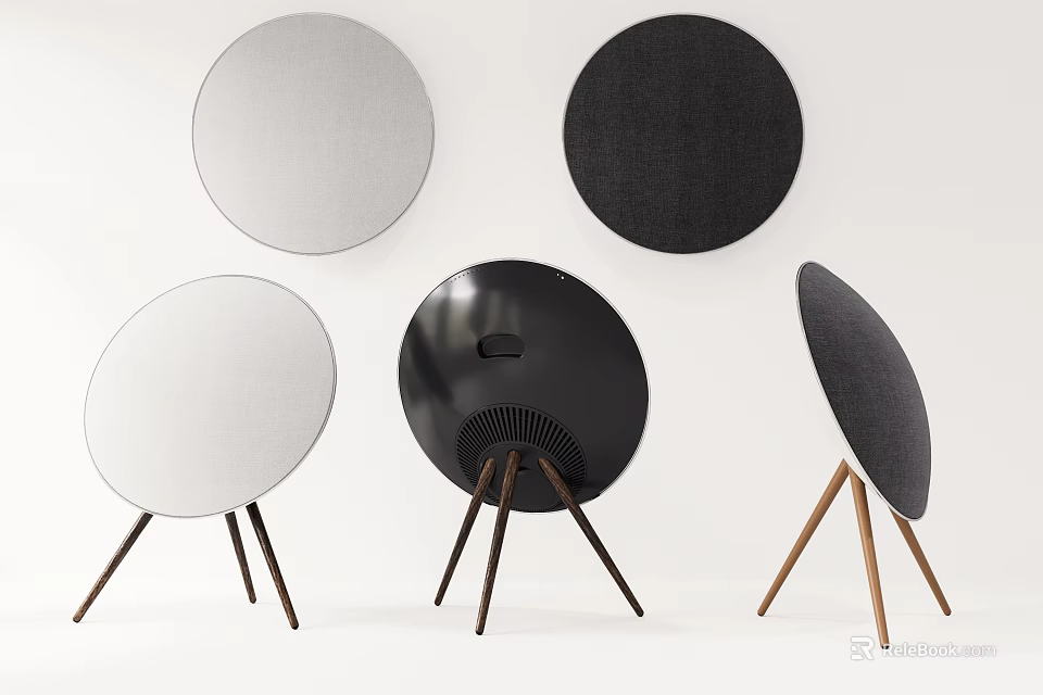 Modern Stylish Circular Wireless Speakers With Wooden Tripod Stands And Various Colors 3d model 