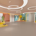 Modern Interior Space with Arched Structures Colorful Walls Circular Ceiling Lights and Potted Plants