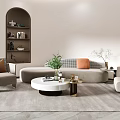 Modern Living Room Sofa And Coffee Table Set With Orange Pillows Green Plants And Decorative Bookshelves