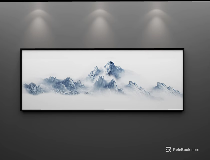 Ink Wash Landscape Painting With Misty Mountain Peaks Hanging On Wall Under Lighting 3d model 