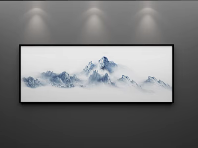 Ink Wash Landscape Painting With Misty Mountain Peaks Hanging On Wall Under Lighting 3d model