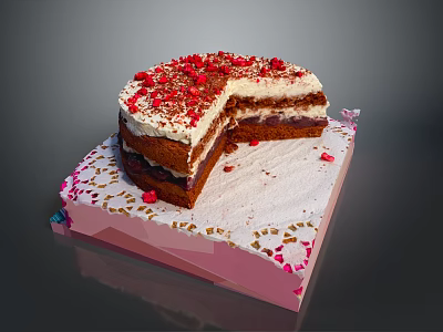 Layered Cream Cake With Red Berry Crumbs And Sliced On Decorative Pink Tray 3d model