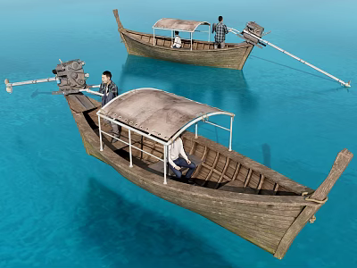 Traditional Wooden Boats with Canopies Floating on Blue Water Carrying Two People 3d model