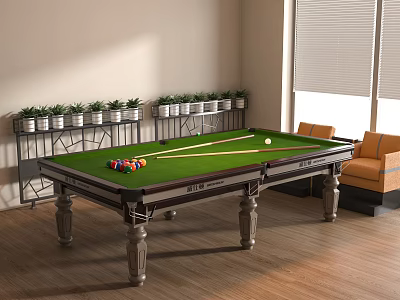 Indoor Entertainment Table With Green Surface Colorful Balls Cues Side Chair And Plant Shelf 3d model