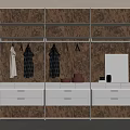 Modern Wardrobe Interior With Wooden Texture Open Shelves Hanging Clothes And Drawers