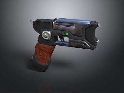 Futuristic Pistol With Wooden Grip Metallic Components And Green Indicator Light 3d model