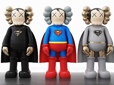 Stylish Kaws Inspired Toy Dolls in Superman Costume Black Blue Gray with Gold Accents 3d model