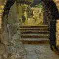 Scenic Stone Alleyway With Steps Archway Lush Greenery And Old Buildings