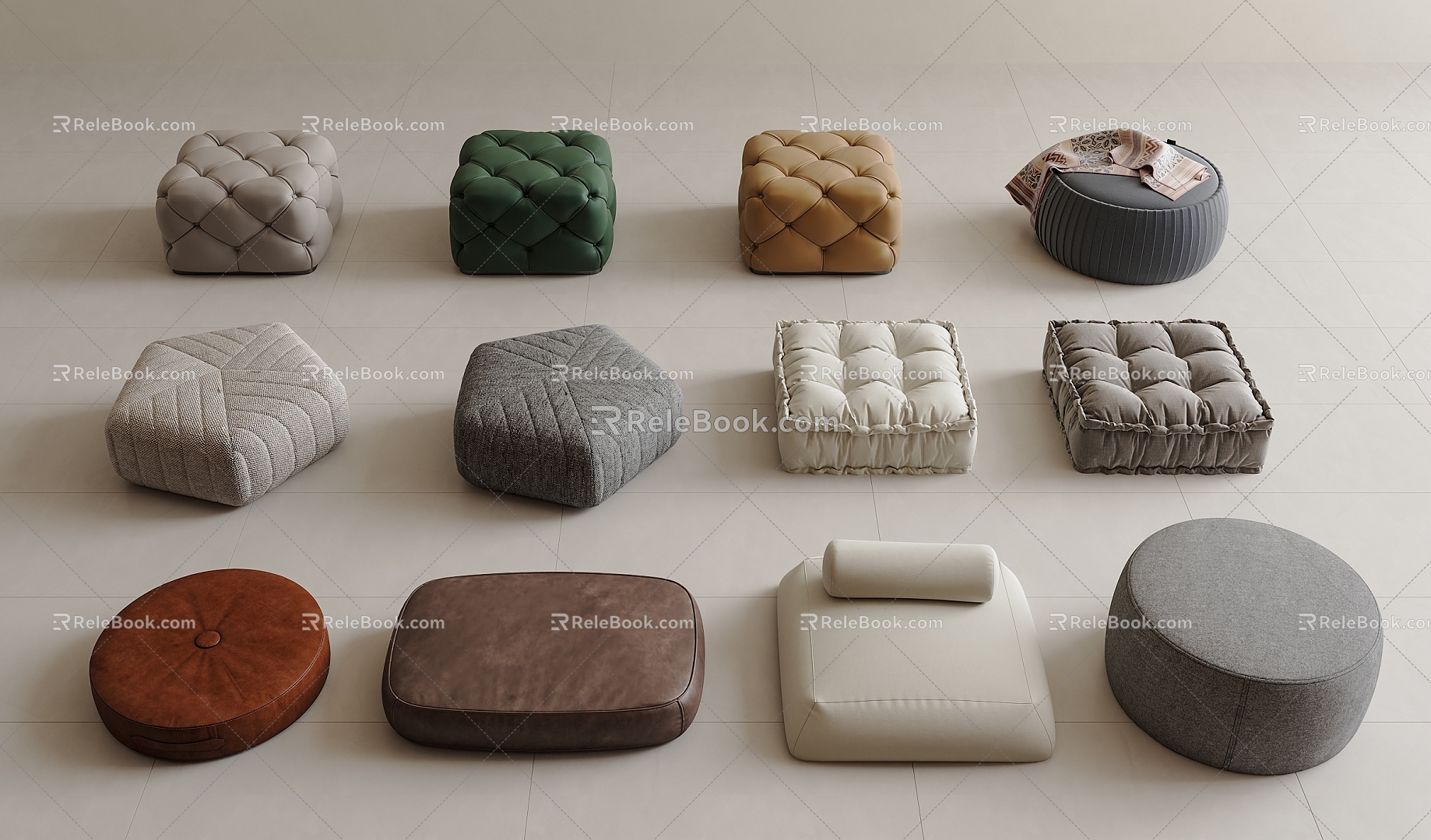 Modern Sofa Stool Fabric Low Stool Foot Leather Low Stool Square Low Stool Fabric Pier Fabric Sofa Stool 3d model