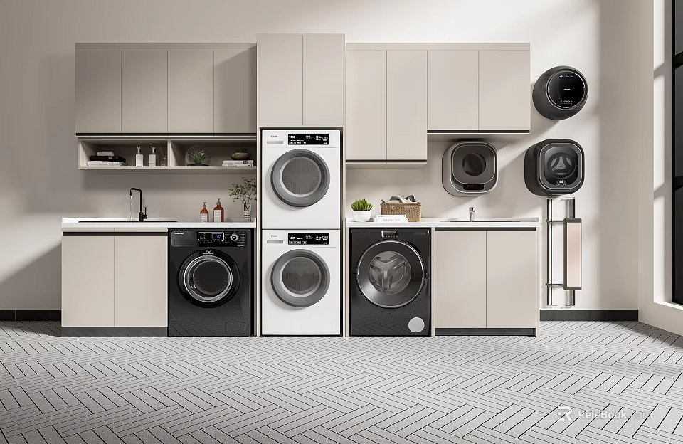 Modern Bathroom Cabinet Rack Design With Washer Dryer Storage Cabinets And Sink 3d model 