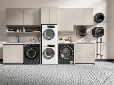 Modern Bathroom Cabinet Rack Design With Washer Dryer Storage Cabinets And Sink 3d model