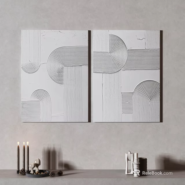 Modern Living Room With Two Panel Abstract Wall Art And Geometric Lines 3d model