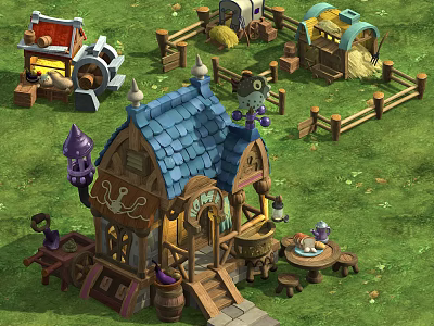 Cartoon Scene Featuring Blue Roofed Cottage Magic Items Windmill Haystacks And Wooden Fences 3d model