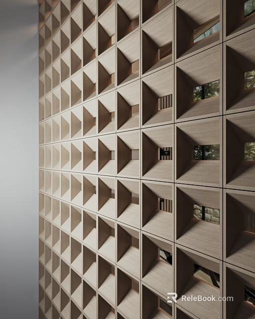 Modern Geometric Wooden Cube Partition Wall Design With Interior Openings And Windows 3d model 