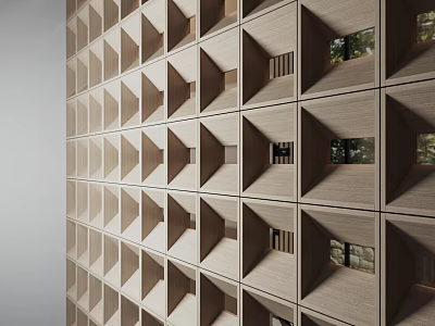 Modern Geometric Wooden Cube Partition Wall Design With Interior Openings And Windows 3d model