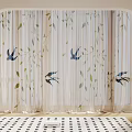 Light Fabric Curtain With Blue Swallow And Green Leaf Patterns In Arch Frame
