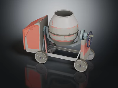 Mobile Concrete Mixer With Gray Drum Red Cover And Four Wheels 3d model