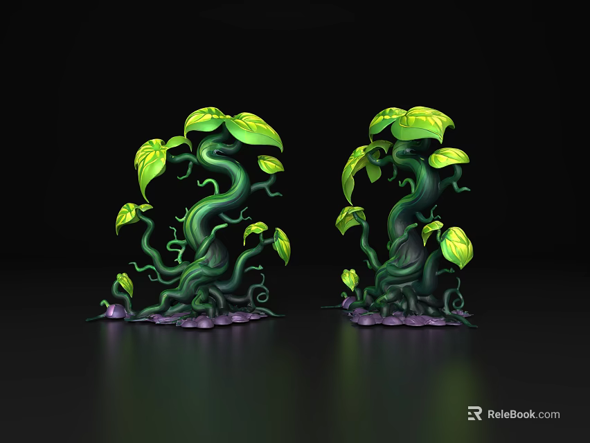 Two Green Vines With Twisted Stems Large Leaves And Purple Base On Black Background 3d model 