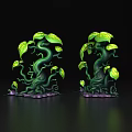 Two Green Vines With Twisted Stems Large Leaves And Purple Base On Black Background