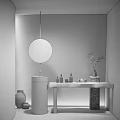 Other Bathroom Featuring Brown Textured Wall Round Mirror Warm Lighting Green Plant And Wooden Countertop