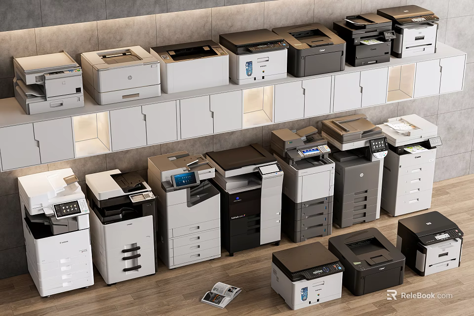 Public Facilities Featuring Multiple Printers And Copiers Neatly Arranged In Office Space With White Cabinets 3d model 