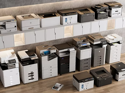 Public Facilities Featuring Multiple Printers And Copiers Neatly Arranged In Office Space With White Cabinets 3d model