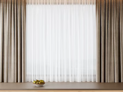 Beige Thick Curtains With White Sheer Panel For Window And Fruit Bowl On Wooden Tabletop 3d model