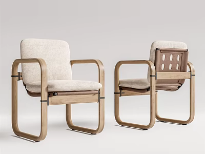 Two Leisure Chairs With Wooden Frame Light Beige Cushion And Perforated Backrest Modern Design 3d model