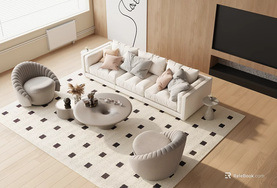 Modern Living Room Sofa And Coffee Table Set With Pillows Gray Accent Chairs Checkered Rug 3d model 