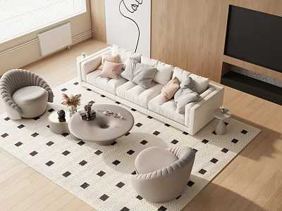Modern Living Room Sofa And Coffee Table Set With Pillows Gray Accent Chairs Checkered Rug 3d model