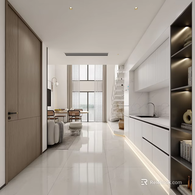 Modern Open Concept Living And Dining Room With White Cabinets Marble Countertops And Natural Light 3d model 