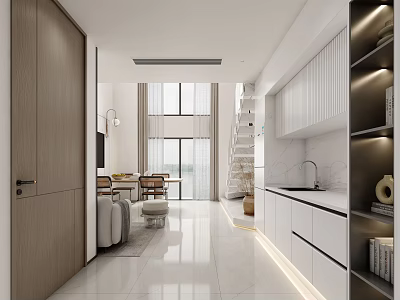 Modern Open Concept Living And Dining Room With White Cabinets Marble Countertops And Natural Light 3d model