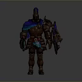 Fantasy Game Movie Character With Detailed Armored Suit Sword Shield And Blue Cloak