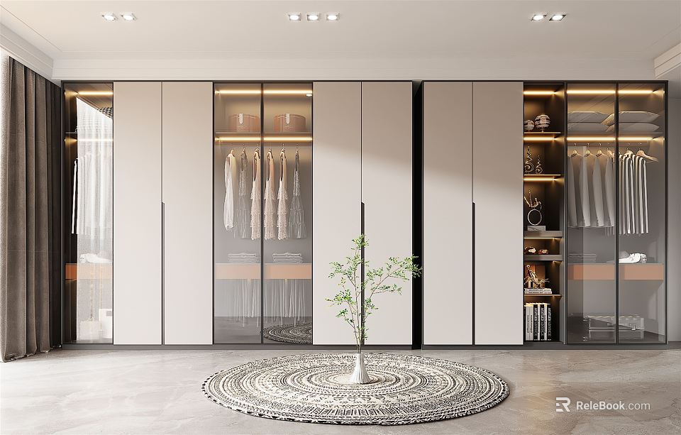 Modern Wardrobe Interior Design With Sliding Glass Doors And Built In Lighting 3d model 