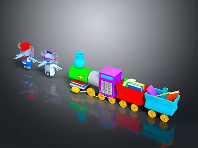 Colorful Toy Train With Elephant Toys And Colorful Carriages On Reflective Surface 3d model